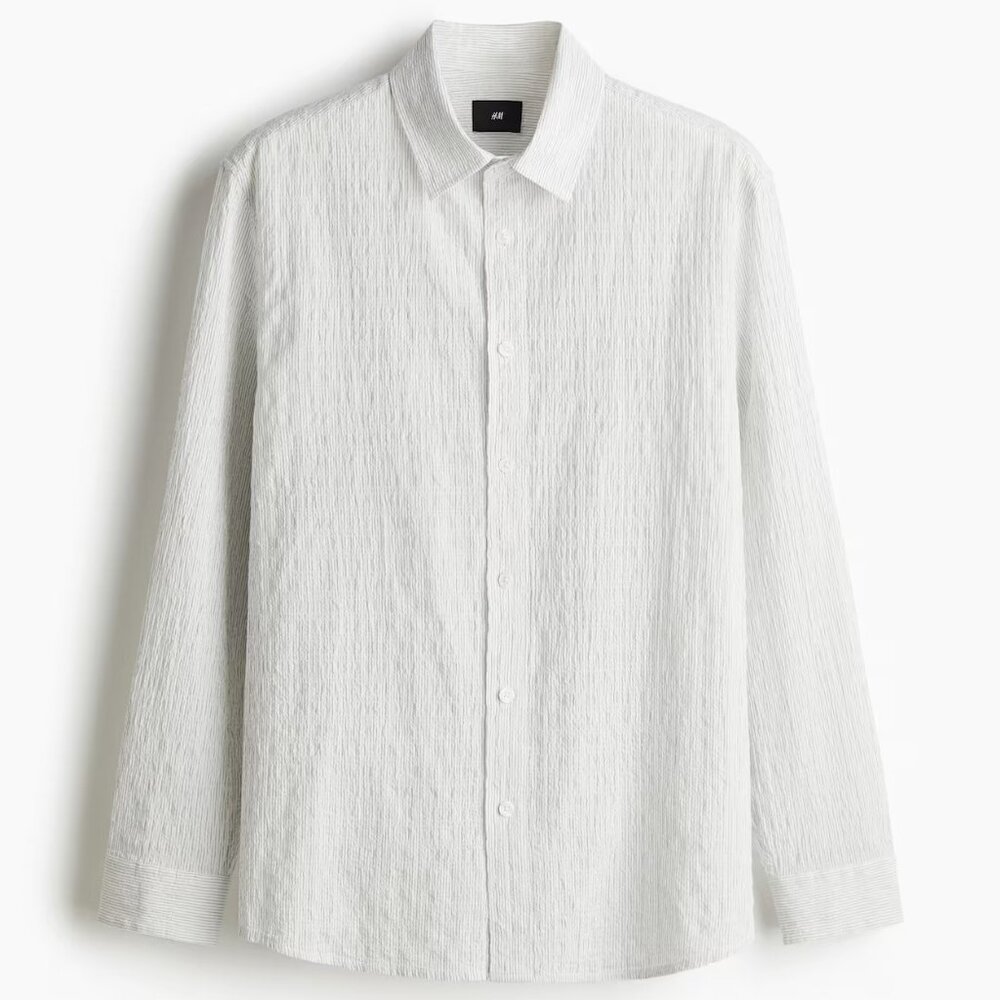 H&M Men's Light Blue Seersucker Loose-Fit Textured Shirt